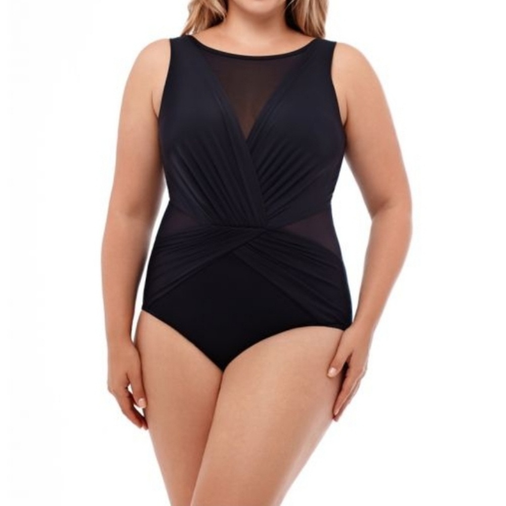 Black Mesh Miraclesuit Bathing Suit w/ Twist Front